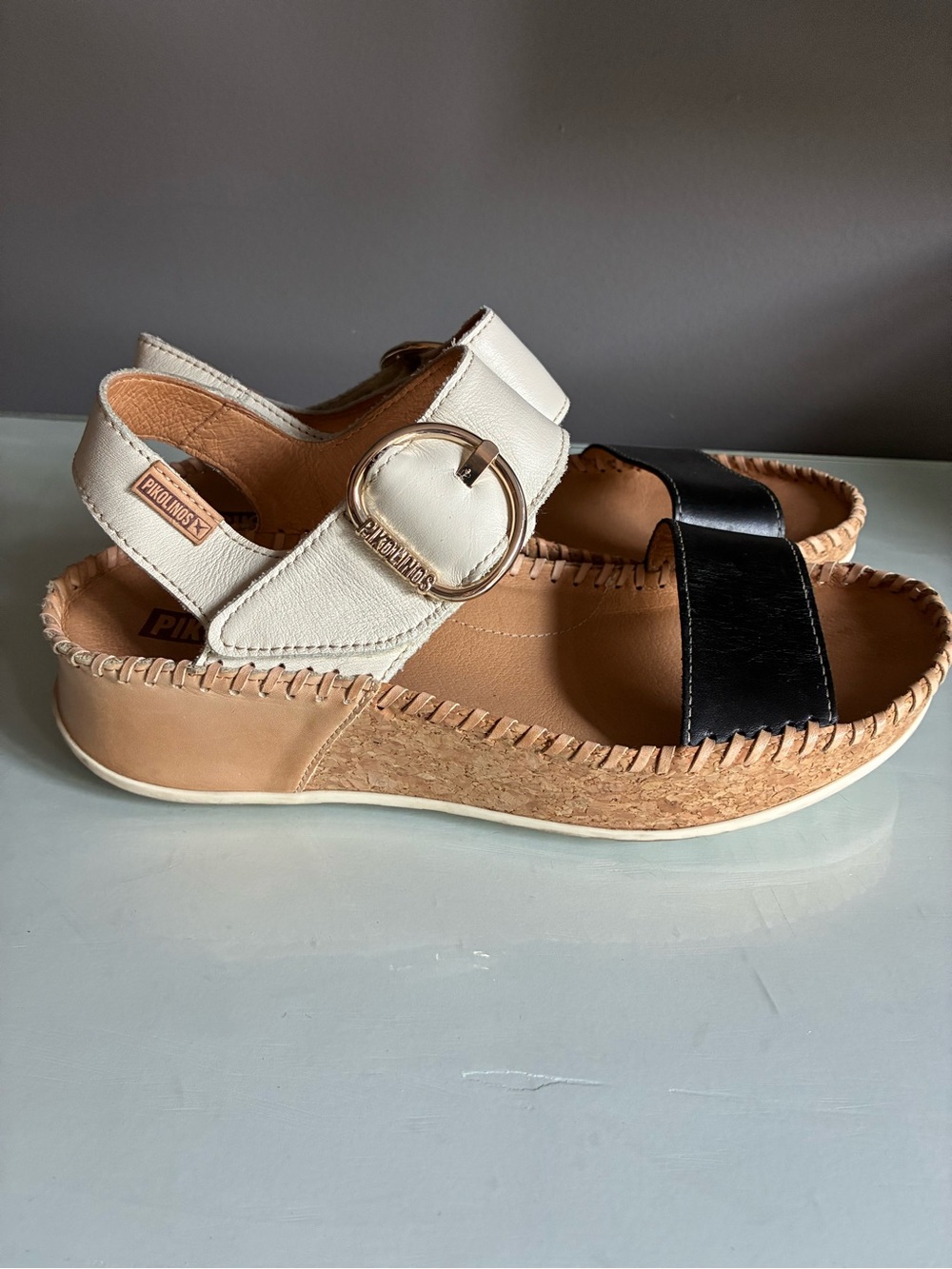 PIKOLINOS Black and Cream Leather Cork Wedge Sandal with Buckle Size 39 - Picture 4 of 7